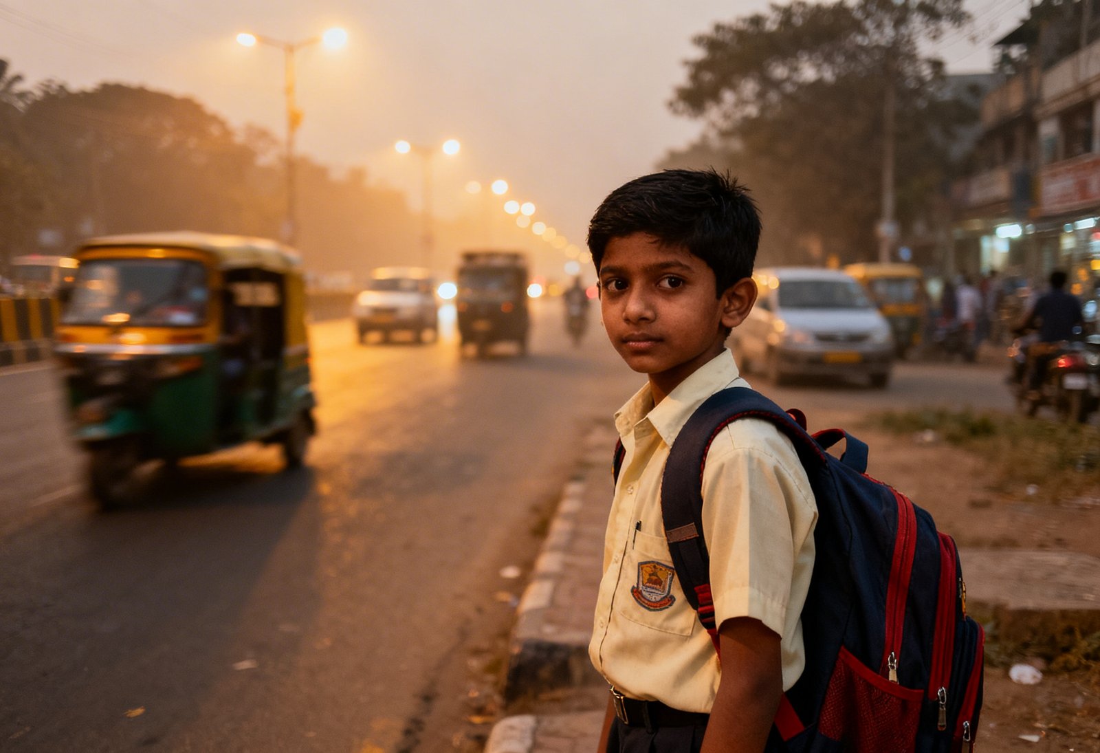 Child exposed to urban air pollution which can trigger respiratory infections and asthma