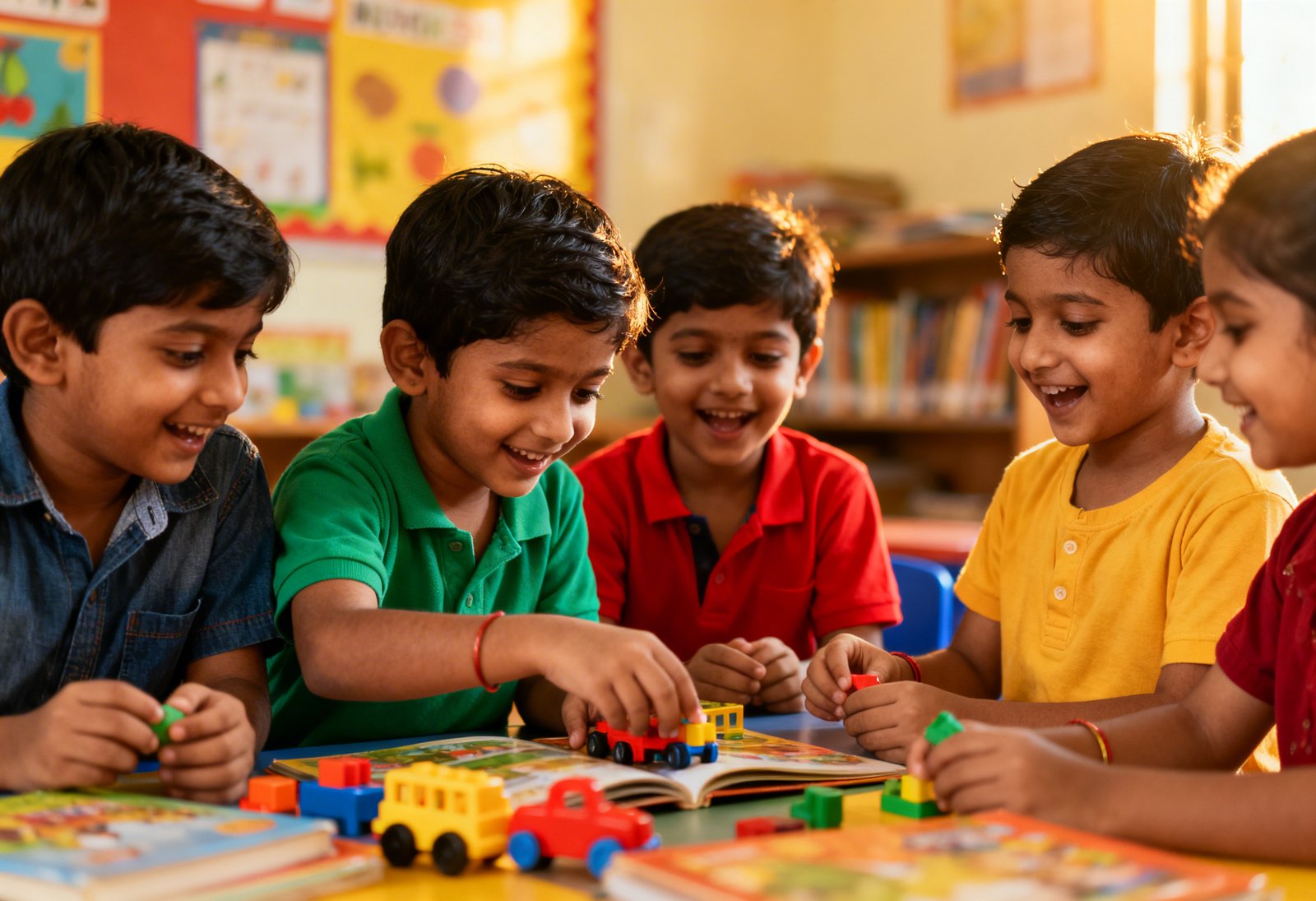 Group of Indian preschool children playing together and interacting in classroom environment, natural light, joyful expressions, realistic candid photography style, educational setting, no text
