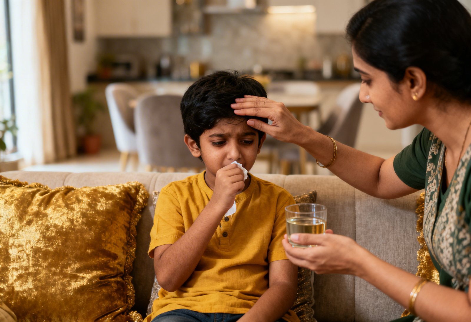 Indian child with recurrent cough being comforted by parent at home
