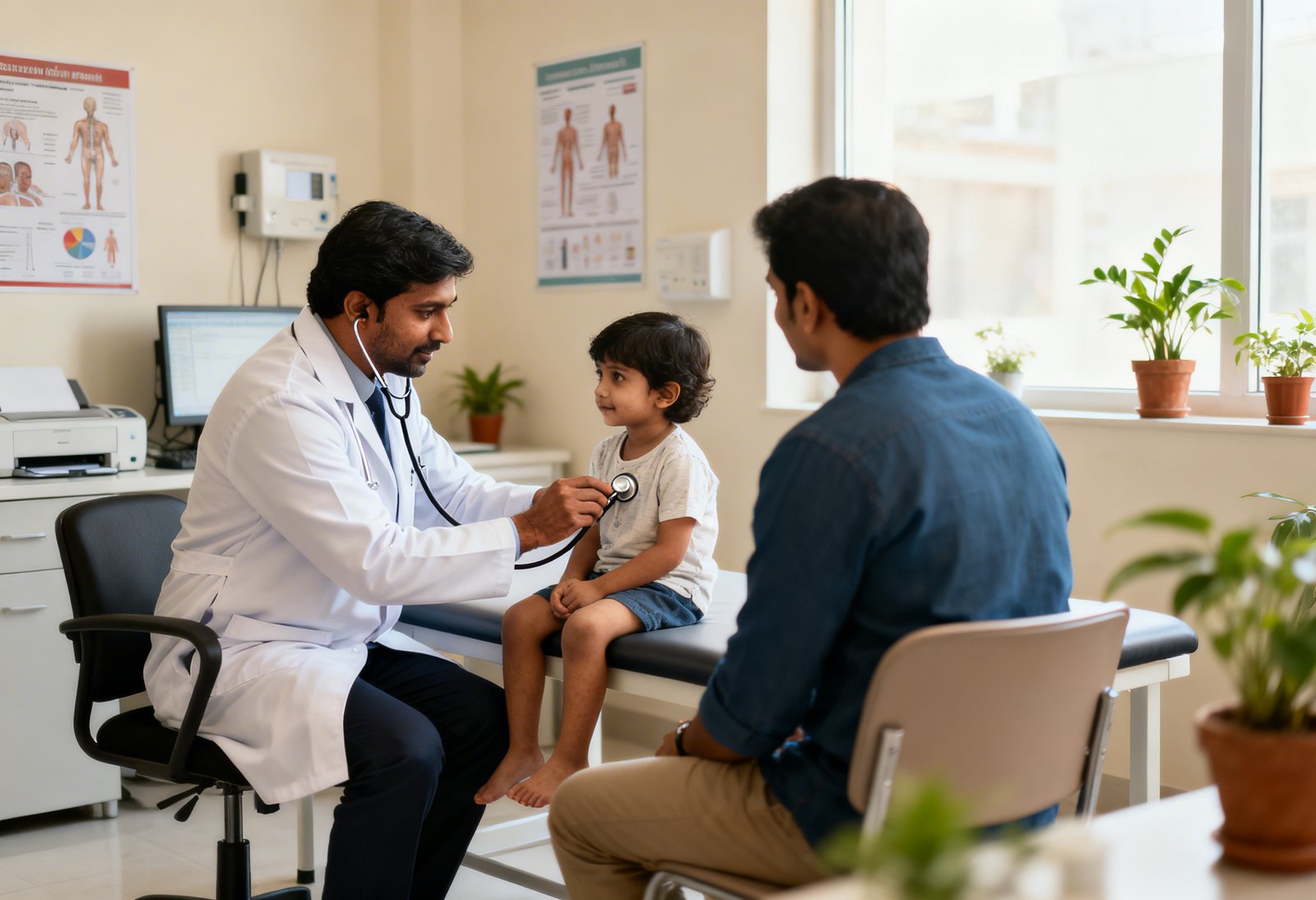 Pediatrician examining child with recurrent cough in clinic consultation